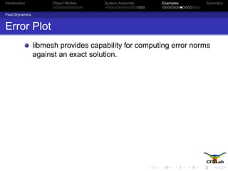 Introduction Object Models System Assembly Examples Summary
Fluid Dynamics
Error Plot
libmesh provides capability for computing error norms
against an exact solution.
 