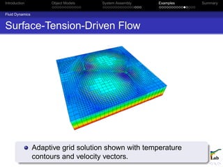 Introduction Object Models System Assembly Examples Summary
Fluid Dynamics
Surface-Tension-Driven Flow
Adaptive grid solution shown with temperature
contours and velocity vectors.
 