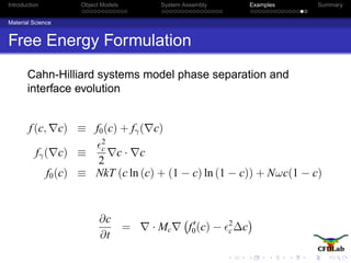 Introduction Object Models System Assembly Examples Summary
Material Science
Free Energy Formulation
Cahn-Hilliard systems model phase separation and
interface evolution
f(c, c) ≡ f0(c) + fγ( c)
fγ( c) ≡
2
c
2
c · c
f0(c) ≡ NkT (c ln (c) + (1 − c) ln (1 − c)) + Nωc(1 − c)
∂c
∂t
= · Mc f0(c) − 2
c∆c
 