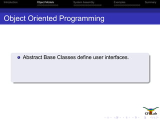 Introduction Object Models System Assembly Examples Summary
Object Oriented Programming
Abstract Base Classes deﬁne user interfaces.
 