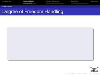 Introduction Object Models System Assembly Examples Summary
Core Classes
Degree of Freedom Handling
 