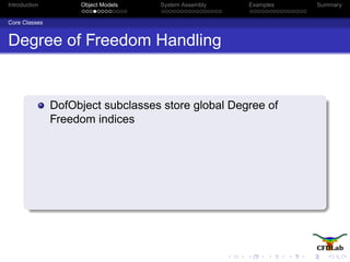 Introduction Object Models System Assembly Examples Summary
Core Classes
Degree of Freedom Handling
DofObject subclasses store global Degree of
Freedom indices
 