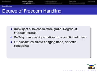 Introduction Object Models System Assembly Examples Summary
Core Classes
Degree of Freedom Handling
DofObject subclasses store global Degree of
Freedom indices
DofMap class assigns indices to a partitioned mesh
FE classes calculate hanging node, periodic
constraints
 