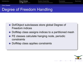 Introduction Object Models System Assembly Examples Summary
Core Classes
Degree of Freedom Handling
DofObject subclasses store global Degree of
Freedom indices
DofMap class assigns indices to a partitioned mesh
FE classes calculate hanging node, periodic
constraints
DofMap class applies constraints
 