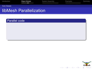 Introduction Object Models System Assembly Examples Summary
Core Classes
libMesh Parallelization
Parallel code
 