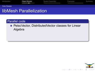 Introduction Object Models System Assembly Examples Summary
Core Classes
libMesh Parallelization
Parallel code
PetscVector, DistributedVector classes for Linear
Algebra
 