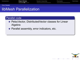 Introduction Object Models System Assembly Examples Summary
Core Classes
libMesh Parallelization
Parallel code
PetscVector, DistributedVector classes for Linear
Algebra
Parallel assembly, error indicators, etc.
 