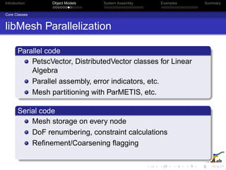 Introduction Object Models System Assembly Examples Summary
Core Classes
libMesh Parallelization
Parallel code
PetscVector, DistributedVector classes for Linear
Algebra
Parallel assembly, error indicators, etc.
Mesh partitioning with ParMETIS, etc.
Serial code
Mesh storage on every node
DoF renumbering, constraint calculations
Reﬁnement/Coarsening ﬂagging
 