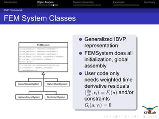 Introduction Object Models System Assembly Examples Summary
BVP Framework
FEM System Classes
FEMSystem
+elem_solution: DenseVector<Number>
+elem_residual: DenseVector<Number>
+elem_jacobian: DenseMatrix<Number>
#elem_fixed_solution: DenseVector<Number>
#*_fe_var: std::vector<FEBase *>
#elem: Elem *
+*_time_derivative(request_jacobian)
+*_constraint(request_jacobian)
+*_postprocess()
NavierStokesSystem
LaplaceYoungSystem
CahnHilliardSystem
SurfactantSystem
Generalized IBVP
representation
FEMSystem does all
initialization, global
assembly
User code only
needs weighted time
derivative residuals
(∂u
∂t
, vi) = Fi(u) and/or
constraints
Gi(u, vi) = 0
 