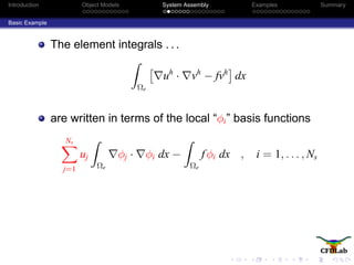 Introduction Object Models System Assembly Examples Summary
Basic Example
The element integrals . . .
Ωe
uh
· vh
− fvh
dx
are written in terms of the local “φi” basis functions
Ns
j=1
uj
Ωe
φj · φi dx −
Ωe
fφi dx , i = 1, . . . , Ns
 