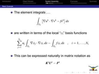 Introduction Object Models System Assembly Examples Summary
Basic Example
The element integrals . . .
Ωe
uh
· vh
− fvh
dx
are written in terms of the local “φi” basis functions
Ns
j=1
uj
Ωe
φj · φi dx −
Ωe
fφi dx , i = 1, . . . , Ns
This can be expressed naturally in matrix notation as
Ke
Ue
− Fe
 