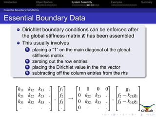 Introduction Object Models System Assembly Examples Summary
Essential Boundary Conditions
Essential Boundary Data
Dirichlet boundary conditions can be enforced after
the global stiffness matrix K has been assembled
This usually involves
1 placing a “1” on the main diagonal of the global
stiffness matrix
2 zeroing out the row entries
3 placing the Dirichlet value in the rhs vector
4 subtracting off the column entries from the rhs




k11 k12 k13 .
k21 k22 k23 .
k31 k32 k33 .
. . . .



 ,




f1
f2
f3
.



 →




1 0 0 0
0 k22 k23 .
0 k32 k33 .
0 . . .



 ,




g1
f2 − k21g1
f3 − k31g1
.




 