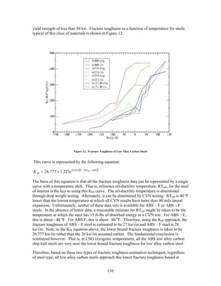 yield strength of less than 50 ksi. Fracture toughness as a function of temperature for steels
typical of this class of materials is shown in Figure 12.




                             Figure 12. Fracture Toughness of Low Alloy Carbon Steels


This curve is represented by the following equation:

K IR = 26.777 + 1.223e (0.0145[T −{RTndt −160}])

The basis of this equation is that all the fracture toughness data can be represented by a single
curve with a temperature shift. That is, reference nil-ductility temperature, RTndt, for the steel
of interest is the key to using this KIR curve. The nil-ductility temperature is determined
through drop weight testing. Alternately, it can be determined by CVN testing. RTndt is 40 ºF
lower than the lowest temperature at which all CVN results have more than 40 mils lateral
expansion. Unfortunately, neither of these data sets is available for ABS – E or ABS – F
steels. In the absence of better data, a reasonable estimate for RTndt might be taken to be the
temperature at which the steel has 15 ft-lbs of absorbed energy in a CVN test. For ABS – E,
this is about - 40 ºF. For ABS F, this is about –80 ºF. Therefore, using the KIR approach, the
fracture toughness of ABS – E steel is estimated to be 27 ksi√in and ABS – F steel is 28
ksi√in. Note, in the KIR equation above, the lower bound fracture toughness is taken to be
26.777 ksi√in rather than the 20 ksi√in assumed earlier. The fundamental conclusion is
reinforced however. That is, at LNG cryogenic temperatures, all the ABS low alloy carbon
ship hull steels are very near the lower bound fracture toughness for low alloy carbon steel.

Therefore, based on these two types of fracture toughness estimation techniques, regardless
of steel type, all low alloy carbon steels approach this lower fracture toughness bound at


                                                      136
 