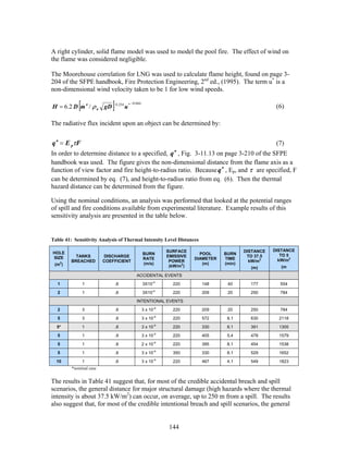A right cylinder, solid flame model was used to model the pool fire. The effect of wind on
the flame was considered negligible.

The Moorehouse correlation for LNG was used to calculate flame height, found on page 3-
204 of the SFPE handbook, Fire Protection Engineering, 2nd ed., (1995). The term u* is a
non-dimensional wind velocity taken to be 1 for low wind speeds.

          & [
H = 6.2 D m ′′ / ρ a gD     ]   0.254
                                        u*
                                             −0.044
                                                                                                              (6)

The radiative flux incident upon an object can be determined by:


q ′′ = E pτF                                                                                                  (7)
In order to determine distance to a specified, q ′′ , Fig. 3-11.13 on page 3-210 of the SFPE
handbook was used. The figure gives the non-dimensional distance from the flame axis as a
function of view factor and fire height-to-radius ratio. Because q ′′ , Ep, and τ are specified, F
can be determined by eq. (7), and height-to-radius ratio from eq. (6). Then the thermal
hazard distance can be determined from the figure.

Using the nominal conditions, an analysis was performed that looked at the potential ranges
of spill and fire conditions available from experimental literature. Example results of this
sensitivity analysis are presented in the table below.


Table 41: Sensitivity Analysis of Thermal Intensity Level Distances

                                                                    SURFACE                       DISTANCE   DISTANCE
HOLE                                                  BURN                       POOL     BURN
           TANKS         DISCHARGE                                  EMISSIVE                       TO 37.5      TO 5
SIZE                                                  RATE                     DIAMETER   TIME
         BREACHED        COEFFICIENT                                 POWER                          kW/m2      kW/m2
 (m2)                                                 (m/s)
                                                                     (kW/m2)
                                                                                  (m)     (min)
                                                                                                    (m)         (m

                                                ACCIDENTAL EVENTS
  1             1               .6                    3X10-4          220        148       40       177        554
                                                             -4
  2             1               .6                    3X10            220        209       20       250        784

                                                INTENTIONAL EVENTS

  2             3               .6                    3 x 10-4        220        209       20       250        784
                                                               -4
  5             3               .6                    3 x 10          220        572       8.1      630        2118
                                                               -4
  5*            1               .6                    3 x 10          220        330       8.1      391        1305

  5             1               .9                    3 x 10-4        220        405       5.4      478        1579

  5             1               .6                    2 x 10-4        220        395       8.1      454        1538
                                                               -4
  5             1               .6                    3 x 10          350        330       8.1      529        1652
                                                               -4
  10            1               .6                    3 x 10          220        467       4.1      549        1823
         *nominal case


The results in Table 41 suggest that, for most of the credible accidental breach and spill
scenarios, the general distance for major structural damage (high hazards where the thermal
intensity is about 37.5 kW/m2) can occur, on average, up to 250 m from a spill. The results
also suggest that, for most of the credible intentional breach and spill scenarios, the general


                                                                     144
 