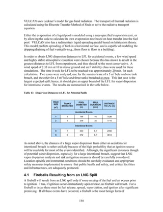VULCAN uses Leckner’s model for gas band radiation. The transport of thermal radiation is
calculated using the Discrete Transfer Method of Shah to solve the radiative transport
equation.

Either the evaporation of a liquid pool is modeled using a user-specified evaporation rate, or
by allowing the code to calculate its own evaporation rate based on heat transfer into the fuel
pool. VULCAN also has a rudimentary liquid spreading model based on lubrication theory.
This model predicts spreading of fuel on a horizontal surface, and is capable of modeling the
dripping/draining of fuel vertically (e.g., from floor to floor in a building).

In order to obtain LNG dispersion distances to LFL for accidental events, a low wind speed
and highly stable atmospheric condition were chosen because this has shown to result in the
greatest distances to LFL from experiment, and thus should be the most conservative. A
wind speed of 2.33 m/s at 10 m above ground and an F stability class were used for these
simulations. The time it took for LFL to be reached was approximately 20 min. for each
calculation. Two cases were analyzed, one for the nominal case of a 5 m2 hole and one tank
breach, and the other for a 5 m2 hole and three tanks breached at once. This last case is the
largest expected spill; hence, it should give an upper bound of the LFL for vapor dispersion
for intentional events. The results are summarized in the table below.

Table 43: Dispersion Distances to LFL for Potential Spills


                          HOLE                    POOL          SPILL
                          SIZE      TANKS                                 DISTANCE
                                                DIAMETER      DURATION
                                  BREACHED                                TO LFL (m)
                           (m2)                    (m)          (min)

                                               Accidental Events

                            1          1           148              40      1536

                            2          1           209              20      1710

                                               Intentional Events

                            5          1           330              8.1     2450

                            5          3           572              8.1     3614



As noted above, the chances of a large vapor dispersion from either an accidental or
intentional breach is rather unlikely because of the high probability that an ignition source
will be available for most of the events identified. Although, the significant distances though
of potential vapor dispersion, especially for a large intentional breach, suggest that LNG
vapor dispersion analysis and risk mitigation measures should be carefully considered.
Location-specific environmental conditions should be carefully evaluated and appropriate
safety measures implemented to ensure that public health and safety, and critical facilities
and infrastructures, are adequately protected.

4.1     Fireballs Resulting from an LNG Spill
A fireball will result from an LNG spill only if some mixing of the fuel and air occurs prior
to ignition. Thus, if ignition occurs immediately upon release, no fireball will result. For a
fireball to occur there must be fuel release, spread, vaporization, and ignition after significant
premixing. If all these events have occurred, a fireball is the most benign form of


                                                   148
 