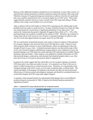 Because of the additional insulation and third level of containment in many LNG vessels, it is
expected that a deeper penetration would be required to rupture the primary LNG cargo tank.
Therefore, because of its general design and construction, collision velocities for equivalent
hole sizes could be expected to be one to two knots higher for an LNG vessel. This would
suggest that the required velocity to cause a breach of an LNG cargo tank during a 90 deg
collision with a large vessel could be six to seven knots.

After a collision with an LNG tanker in which LNG is pouring out, the striking ship would
probably back out, unless it could not move. In many collisions between two ships, the ships
can remain joined for several hours, if significant penetration of one ship occurs. The
analysis by Ammerman discussed in Appendix B suggests that as little as 5% – 10% of the
generated breach size would be available for the release of LNG. Therefore, the collision of
a large ship with an LNG carrier at even 10 knots is expected to produce an effective hole
size of no more than approximately one square meter for an LNG spill.

The size and location of potential breaches were used as a basis for analysis of the potential
for cryogenic damage to the structural steel of an LNG ship from a spill. Contact of steel
with cryogenic fluids is known to cause embrittlement, which can significantly reduce the
strength of steel [Vaudolon 2000]. A detailed structural analysis was beyond the scope of this
review; but structural integrity embrittlement scoping analyses were conducted to assess the
potential damage to an LNG ship from small and large LNG spills based on available fracture
mechanics data and models. These analyses were guided by available information on LNG
ship and tank designs, construction, and structural steel material property data [Linsner 2004]
[Shell 2002] [Wellman 1983] and are discussed in detail in Appendix D.

In general, the results suggest that the critical flaw size for cryogenic damage of common
LNG ship steels is less than one-tenth of an inch. It is common to see flaws of this size in
typical, welded construction or around corrosion areas. Therefore, it is expected that some
cryogenic damage of the LNG vessel, even for some accidental spills, would be likely. The
extent and impact of the damage will depend on the breach and spill size and location and
effectiveness of risk prevention and mitigation strategies and should be considered relative to
overall ship integrity and LNG cargo tank support integrity.

A summary of the potential breach size and potential ship damage from several different
accident scenarios is presented in Table 9, based on the detailed analyses presented in
Appendices B and D.

Table 9: Estimated LNG Cargo Tank Breach Sizes for Accidental Scenarios

                                             ACCIDENTAL BREACHES

           Type                           Breach Size                   Tanks Breached       Ship Damage

    Accidental collision
                                              None                            None             Minorb
     with small vessel

    Accidental collision                     5 - 10m2
                                                                                 1            Moderatec
     with large vessel               (Spill area 0.5 – 1m2)a

   Accidental Grounding                       None                            None              Minor

Notes:   a - Assumes vessels remain joined during spill event and breach is mostly plugged
         b - Minor suggests ship can be moved and unloaded safely
         c – Moderate suggests damage that might impact vessel and cargo integrity




                                                                  44
 