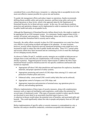 considered from a cost-effectiveness viewpoint; i.e. reducing risks to acceptable levels in the
most cost-effective manner possible for a given site and location.

To guide risk management efforts and reduce impact on operations, Sandia recommends
defining threat-scalable safety and security measures, and then tying safety and security
related operations to these levels, which is the approach taken by the Department of
Homeland Security for its threat advisory system. In this way, for each threat condition,
protection and operations changes can be implemented in order to maintain the level of risk
to public health and safety at acceptable levels.

Although the Department of Homeland Security defines threat levels, this might or might not
be appropriate for an LNG transport system. As a minimum, Sandia suggests three levels —
normal, off normal, and emergency. Unlike Homeland, whose sole focus is security, LNG
would extend this formalism both to security and to safety.

Generally, the safety efforts currently in place for LNG transportation over water have been
very effective in preventing accidents and appear to be adequate. At some locations,
however, security efforts required to prevent intentional breaching events might have to be
increased in order to reduce the risks to public health and safety. Since 9/11, current safety
and security efforts have been increased and are continuing to evolve to meet the challenges
of ever changing security threats.

As shown in Tables 20 and 21, multiple security strategies are available to help prevent or
mitigate these events and often are complementary with existing LNG safety strategies
already in practice. Suggested general security improvements to address the three major
intentional breach scenarios should account for site-specific conditions and hazards and
include (as required):
       Appropriate off-shore LNG ship interdiction and inspections for explosives, hazardous
       materials, and proper operation of safety systems;
       Appropriate monitoring and control of LNG ships when entering U.S. waters and
       protection of harbor pilots and crews;
       Enhanced safety zones around LNG vessels (safety halo) that can be enforced;
       Appropriate control of airspace over LNG ships; and
       Appropriate inspection and protection of terminal areas, tug operations prior to
       delivery and unloading operations.

Effective implementation of these types of security measures, along with complementary
measures such as improved intelligence and cooperation, could reduce the potential for
several types of intentional events. (The types of measures needed to reduce specific threats
are discussed in more detail in an associated classified report [Hightower 2004].
A reduction in threats would reduce the potential sizes of breaches, and associated spills and
hazards. This could significantly reduce the risks to people and property from an LNG spill
over water.

Before implementation of specific safety or security measures is contemplated at a site, a
baseline risk analysis should be conducted, a minimum acceptable risk estimated, and



                                              63
 