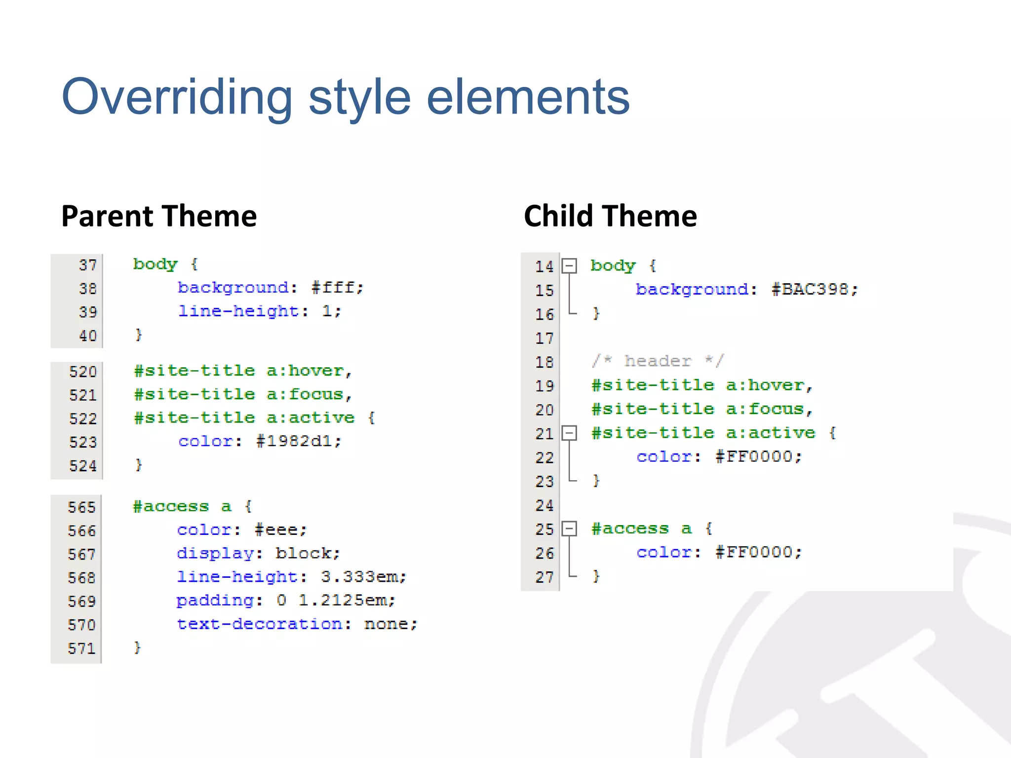 Overriding style elements Parent Theme Child Theme 
