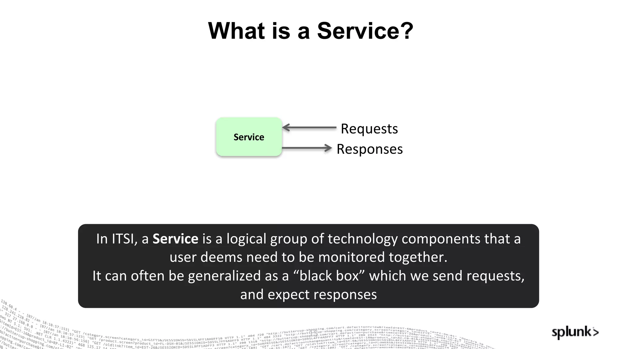 What is a Service?
15
Service
Requests
Responses
In	ITSI,	a	Service is	a	logical	group	of	technology	components	that	a	
user	deems	need	to	be	monitored	together.
It	can	often	be	generalized	as	a	“black	box”	which	we	send	requests,	
and	expect	responses
 