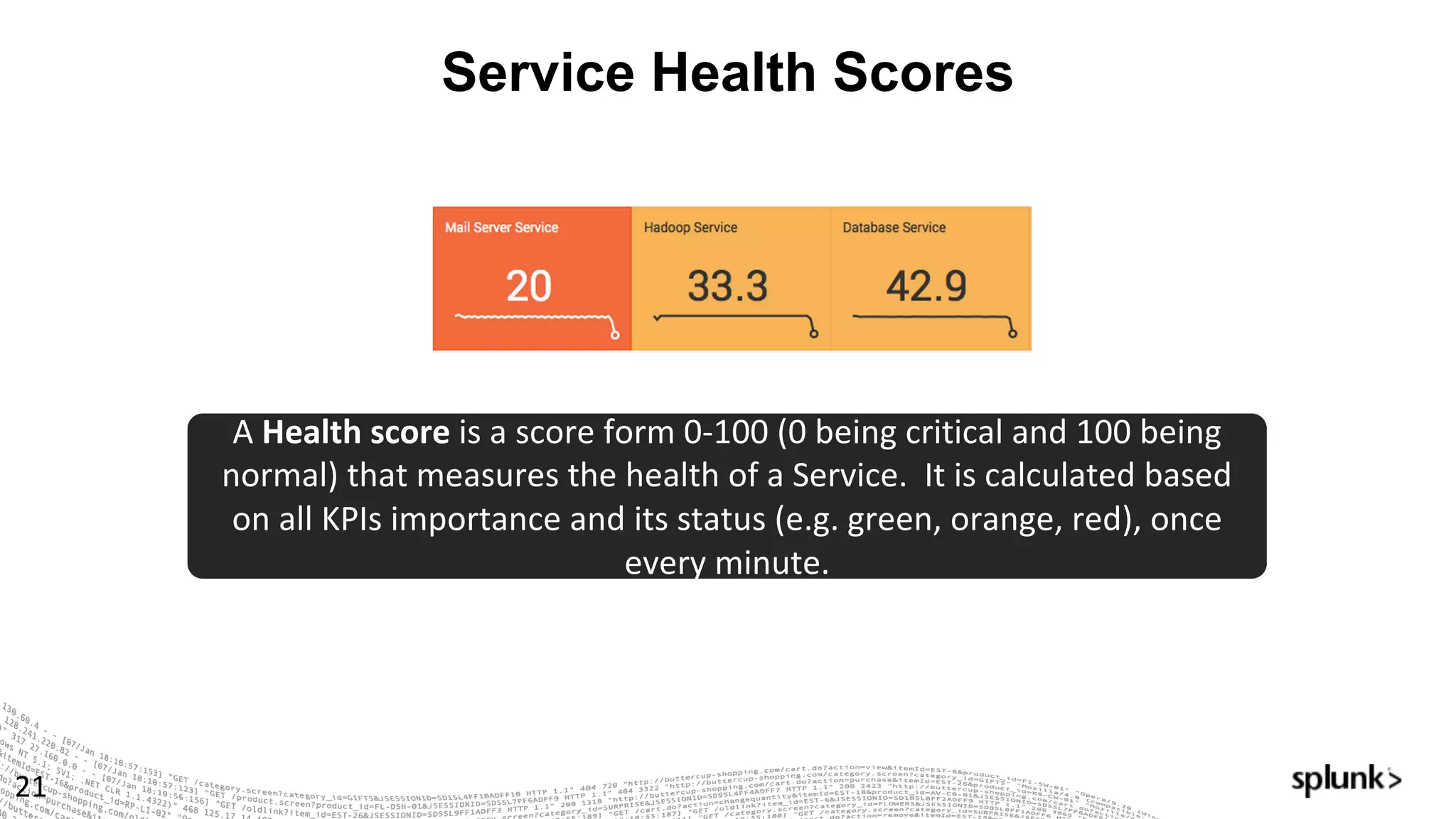 Service Health Scores
21
A	Health	score	is	a	score	form	0-100	(0	being	critical	and	100	being	
normal)	that	measures	the	health	of	a	Service.		It	is	calculated	based	
on	all	KPIs	importance	and	its	status	(e.g.	green,	orange,	red),	once	
every	minute.
 