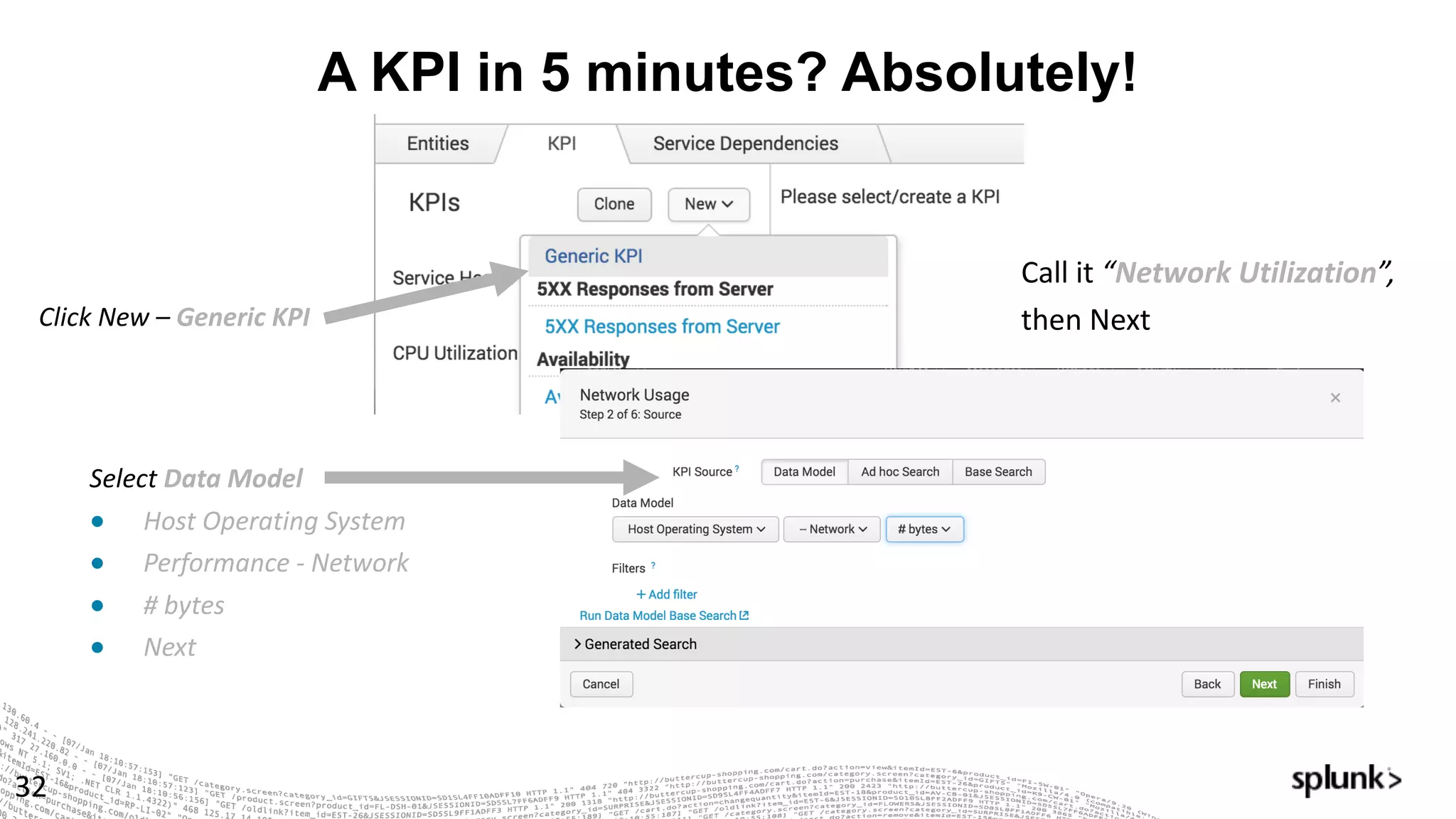 A KPI in 5 minutes? Absolutely!
32
Click	New	– Generic	KPI
Select Data	Model
● Host	Operating	System
● Performance	- Network
● #	bytes
● Next	
Call	it	“Network	Utilization”,
then	Next
 
