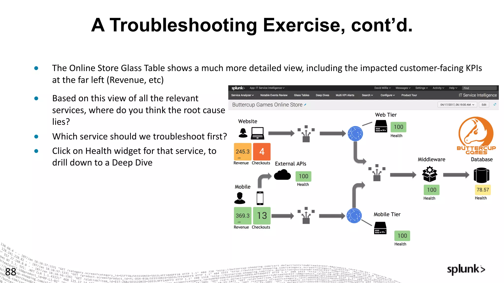 A Troubleshooting Exercise, cont’d.
88
● The	Online	Store	Glass	Table	shows	a	much	more	detailed	view,	including	the	impacted	customer-facing	KPIs	
at	the	far	left	(Revenue,	etc)	
● Based	on	this	view	of	all	the	relevant	
services,	where	do	you	think	the	root	cause	
lies?		
● Which	service	should	we	troubleshoot	first?
● Click	on	Health	widget	for	that	service,	to	
drill	down	to	a	Deep	Dive
 