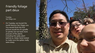 Friendly foliage
part deux
Tuesday
San Diego zoo
 On Tuesday, we toured the
world-famous San Diego zoo.
You would think the first
picture would be of a giraffe
or panda, but we took more
pictures of the plants,
including this spiky plant
behind us. Aidan hand-tested
to make sure the spikes really
were sharp.
 