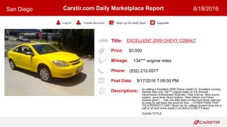 Title:
Price:
Mileage:
Phone:
Post Date:
Descriptions:
Carstir.com Daily Marketplace Report
Log In Create Account Sign up for daily feed Upgrade
San Diego 8/18/2016
EXCELLENT 2009 CHEVY COBALT
$3,500
134*** original miles
(832) 212-0577
8/17/2016 7:08:00 PM
Im selling a Excellent 2009 Chevy cobalt LS, Excellent running
Vehicle Has only 134*** original miles on it & Smooth
transmission,AAutomatic 4cylinder ! Has Cold ac, Nice sound
system, good tires, Good brakes , Nice interior and Clean
outside paint ! ... Has one little didnt on the front driver side but
its easy fix will lower the price for that ... OTHER THAN THAT
ITS A PERFECT CAR ! Good car for college student Give me a
call or txt and come check it out 832-212-0577 Fabian
CLEAN TITTLE
 