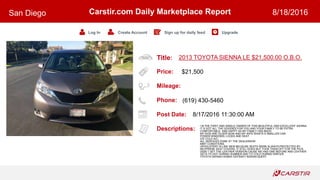 Title:
Price:
Mileage:
Phone:
Post Date:
Descriptions:
Carstir.com Daily Marketplace Report
Log In Create Account Sign up for daily feed Upgrade
San Diego 8/18/2016
2013 TOYOTA SIENNA LE $21,500.00 O.B.O.
$21,500
(619) 430-5460
8/17/2016 11:30:00 AM
I M THE FIRST AND SINGLE OWNER OF THIS BEAUTIFUL AND EXCELLENT SIENNA.
IT S GOT ALL THE GOODIES FOR YOU AND YOUR FAMILY TO BE EXTRA
COMFORTABLE AND HAPPY AS MY FAMILY HAS BEEN.
MY KIDS ARE OLDER NOW AND MY WIFE WANTS A SMALLER CAR.
POWER WINDOWS, LOCKS AND SEAT.
ICE COLD A/C.
ALL SERVICES DONE AT THE DEALERSHIP.
MINT CONDITIONS.
UPHOLSTERY IS LIKE NEW BECAUSE SEATS WERE ALWAYS PROTECTED BY
NEOPRENE SEAT COVERS, IT STILL DOES BUT TOOK THEM OFF FOR THE PICS.
DIDN T GET THE LEATHER VERSION CAUSE WE HAD ONE BEFORE AND LEATHER
GETS TO HOT DURING SUMMER AND TO COLD DURING WINTER.
TOYOTA SIENNA HONDA ODYSSEY NISSAN QUEST
 