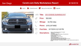 Title:
Price:
Mileage:
Phone:
Post Date:
Descriptions:
Carstir.com Daily Marketplace Report
Log In Create Account Sign up for daily feed Upgrade
San Diego 8/18/2016
2013 DODGE DURANGO R/T
$32,000
34,700 miles
(619) 247-6692
8/17/2016 3:21:00 PM
Selling our 2013 Dodge Durango R/T. $32,000
-Single owner (Non smoker)
-34,700 Miles
-5.7L Hemi V8, 360HP, 390 ft/lbs torque. Rear wheel drive
-7,400 lb towing capacity
-No dents or bruises, clean interior
-R/T Alloy Wheels
-1300 miles and left on factory warranty.
-3rd Row vanishing seats
-Bench 2nd row seats fold flat for extra cargo space
-In dash Navigation system with 20gb Hdd for music and pictures
-USB in dash input and under arm rest for charging
Text Jeff for more details. Six-One-Nine-247-6692. No trades, unless you want to trade it for
$32,000
 