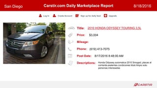 Title:
Price:
Mileage:
Phone:
Post Date:
Descriptions:
Carstir.com Daily Marketplace Report
Log In Create Account Sign up for daily feed Upgrade
San Diego 8/18/2016
2010 HONDA ODYSSEY TOURING 3,5L
$3,004
(619) 413-7075
8/17/2016 8:48:00 AM
Honda Odyssey automatica 2010 Smoged, placas al
corriente.exelentes condiciones titulo limpio solo
personas interesadas
 