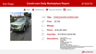 Title:
Price:
Mileage:
Phone:
Post Date:
Descriptions:
Carstir.com Daily Marketplace Report
Log In Create Account Sign up for daily feed Upgrade
San Diego 8/18/2016
FORD ESCAPE HYBRID 2009
$7,750
(619) 481-9451
8/17/2016 3:32:00 PM
In good condition,
*Super safe car, and reliable.
*A/C + heater.
*Cruiser control
*fog lights
*oil change good for 5k milles
*no check engine light
*sunroof slading
*tags paid :) expired JAN/2017
Phone num----six-one-nine-481-nine-four-5-1--------
Car runs very good really really strong engine, very good in MPG, transmission very
good condition, very spacious for family of 5 adults big trunk
-SERIOUS INQUIRES ONLY, thank u.
---- six-one-nine-481-nine-four-5-1--------
 