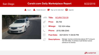 Title:
Price:
Mileage:
Phone:
Post Date:
Descriptions:
Carstir.com Daily Marketplace Report
Log In Create Account Sign up for daily feed Upgrade
San Diego 8/22/2016
ACURA TSX 09
$5,700
102 434 millas
(619) 586-2045
8/21/2016 11:09:00 PM
Salvage buenas condiciones placas 2017 smog ok
102 434 millas. 6 cambios d piel llantas nuevas
camara en la reversa
 