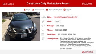 Title:
Price:
Mileage:
Phone:
Post Date:
Descriptions:
Carstir.com Daily Marketplace Report
Log In Create Account Sign up for daily feed Upgrade
San Diego 8/22/2016
2014 NISSAN ALTIMA 2.5 SV
$16,700
36k miles
(760) 822-9023
8/21/2016 2:07:00 PM
2014 Nissan Altima 2.5 SV for sale by owner. Blue
outside with Black interior, 36K miles. One owner.
Fully loaded with technology package and
convenience package. Bluetooth and USB, Navigation
system in 7 color display, homelink transceiver,
moonroof, rear AC rear, blind spot warning, spoiler.
Call 760-822-9023
 