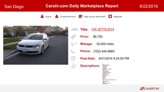 Title:
Price:
Mileage:
Phone:
Post Date:
Descriptions:
Carstir.com Daily Marketplace Report
Log In Create Account Sign up for daily feed Upgrade
San Diego 8/22/2016
VW JETTA 2014
$6,750
35,000 miles
(702) 444-9965
8/21/2016 9:24:00 PM
4 cil
Black Leather seat
35,000 miles
2.0 engine
Auto-stick
Automatic
Aux cd fm am Bluetooth
New tires
Super cold a/c
Current reg 2017
No dents or scratches
No check engine
No leaks
Perfect conditions
Super clean
All power
Alarm
Gas saver
2014
For more information please call me
At
(702)444-99-65
Jesus
Please serious buyers
$6750 cash
 