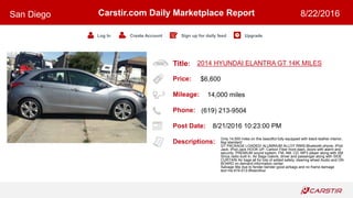 Title:
Price:
Mileage:
Phone:
Post Date:
Descriptions:
Carstir.com Daily Marketplace Report
Log In Create Account Sign up for daily feed Upgrade
San Diego 8/22/2016
2014 HYUNDAI ELANTRA GT 14K MILES
$6,600
14,000 miles
(619) 213-9504
8/21/2016 10:23:00 PM
Only 14,000 miles on this beautiful fully equipped with black leather interior,
6sp standard
GT PACKAGE LOADED/ ALUMINUM ALLOY RIMS-Bluetooth phone, IPod
Jack, IPod Jack HOOK UP, Carbon Fiber front dash, doors with alarm and
security, PREMIUM sound system, FM, AM, CD, MP3 player along with XM
Sirius radio built in, Air Bags Galore, driver and passenger along with SIDE
CURTAIN Air bags all for lots of added safety, steering wheel Audio and ON
BOARD on demand information center
Salvage title due to fender bender good airbags and no frame damage
text me 619-213-95zerofour
 