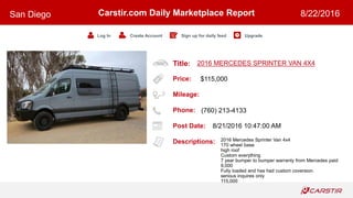 Title:
Price:
Mileage:
Phone:
Post Date:
Descriptions:
Carstir.com Daily Marketplace Report
Log In Create Account Sign up for daily feed Upgrade
San Diego 8/22/2016
2016 MERCEDES SPRINTER VAN 4X4
$115,000
(760) 213-4133
8/21/2016 10:47:00 AM
2016 Mercedes Sprinter Van 4x4
170 wheel base
high roof
Custom everything
7 year bumper to bumper warranty from Mercedes paid
9,000
Fully loaded and has had custom coversion.
serious inquires only
115,000
 