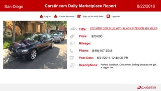 Title:
Price:
Mileage:
Phone:
Post Date:
Descriptions:
Carstir.com Daily Marketplace Report
Log In Create Account Sign up for daily feed Upgrade
San Diego 8/22/2016
2013 BMW 328I BLUE WITH BLACK INTERIOR 47K MILES
$20,000
(619) 607-7048
8/21/2016 12:44:00 PM
Perfect condition. One owner. Selling because we got
a bigger car.
 