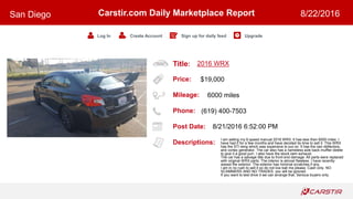 Title:
Price:
Mileage:
Phone:
Post Date:
Descriptions:
Carstir.com Daily Marketplace Report
Log In Create Account Sign up for daily feed Upgrade
San Diego 8/22/2016
2016 WRX
$19,000
6000 miles
(619) 400-7503
8/21/2016 6:52:00 PM
I am selling my 6 speed manual 2016 WRX. It has less then 6000 miles. I
have had it for a few months and have decided its time to sell it. This WRX
has the STI wing which was expensive to put on. It has the rain deflectors,
and vortex generator. The car also has a nameless axle back muffler delete
to give it a good purr. I also have the stock oem exhaust.
The car has a salvage title due to front end damage. All parts were replaced
with original WRX parts. The interior is almost flawless. I have recently
waxed the exterior. The exterior has minimal scratches if any.
I am in no rush to sell it so do not low ball me please. Cash only. NO
SCAMMERS AND NO TRADES. you will be ignored.
If you want to test drive it we can arrange that. Serious buyers only.
 