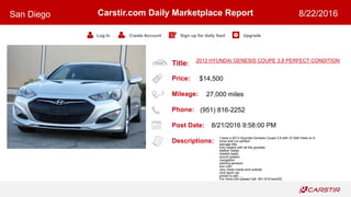 Title:
Price:
Mileage:
Phone:
Post Date:
Descriptions:
Carstir.com Daily Marketplace Report
Log In Create Account Sign up for daily feed Upgrade
San Diego 8/22/2016
2013 HYUNDAI GENESIS COUPE 3.8 PERFECT CONDITION
$14,500
27,000 miles
(951) 816-2252
8/21/2016 9:58:00 PM
I have a 2013 Hyundai Genesis Coupe 3.8 with 27,000 miles on it.
drive and run perfect.
salvage title.
fully loaded with all the goodies.
leather Seats.
heated seats.
sound system.
navigation.
parking sensors.
sun roof.
very clean inside and outside.
nice sport car.
priced to sell......
For more info please Call: 951-816-two252
 