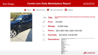 Title:
Price:
Mileage:
Phone:
Post Date:
Descriptions:
Carstir.com Daily Marketplace Report
Log In Create Account Sign up for daily feed Upgrade
San Diego 8/22/2016
2012 MERCEDES BENZ E CLASS 350 SPORT WITH 54,000 MILES. SALVAGE
TITLE
$10,000
33,500 miles
(201) 620-1520, (420) 132-0122
8/21/2016 1:22:00 PM
Black with black MB Tex interior and tinted glass. P1 Package, Panorama Roof, Navigation, AMG Wheels, Upgraded Sound System, Backup Camera, Heat Seaters, Memory Seating,
Power Rear Sun Shade. Excellent condition, low mileage. Well Maintained.
Key Features and Options
Engine Gas V6 3.5L
Transmission 7-Speed Automatic
Exterior Color Silver
Doors 4
Cylinders 6
MPG City/Hwy 20/30
CPO (Certified Pre Owned)
Navigation
Panorama Roof
Harman Kardon sound system.
Backup Camera
Memory Seats
Mileage 33,500 Miles
Under Warranty until July 2017
Next Service (B5) Paid for at any MB Dealership
More Info
Rear Wheel Drive
Power Steering
4-Wheel Disc Brakes
Aluminum Wheels
Tires - Front Performance
Tires - Rear Performance
Temporary Spare Tire
Sun/Moonroof
Sun/Moon Roof
Automatic Headlights
Heated Mirrors
Power Mirror(s)
Integrated Turn Signal Mirrors
Mirror Memory
Intermittent Wipers
Variable Speed Intermittent Wipers
Rain Sensing Wipers
AM/FM Stereo
CD Player
MP3 Player
Bluetooth Connection
Auxiliary
 