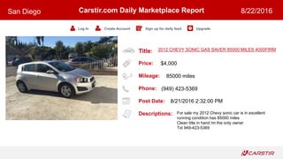 Title:
Price:
Mileage:
Phone:
Post Date:
Descriptions:
Carstir.com Daily Marketplace Report
Log In Create Account Sign up for daily feed Upgrade
San Diego 8/22/2016
2012 CHEVY SONIC GAS SAVER 85000 MILES 4000FIRM
$4,000
85000 miles
(949) 423-5369
8/21/2016 2:32:00 PM
For sale my 2012 Chevy sonic car is in excellent
running condition has 85000 miles
Clean title in hand Im the only owner
Txt 949-423-5369
 