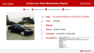 Title:
Price:
Mileage:
Phone:
Post Date:
Descriptions:
Carstir.com Daily Marketplace Report
Log In Create Account Sign up for daily feed Upgrade
San Diego 8/22/2016
2011 HONDA ACCORD LX, CLEAN TITLE, LOW MILES
$10,950
(619) 777-6447
8/21/2016 11:00:00 AM
Hi Craigslist I am listing my car for sale!
It s a 2011 Honda Accord LX , 4 cylinders, 2.4L, running in 100% excellent condition, very clean, no transmission issues, no
oil leaks, and runs smoothly.
Has 87k original miles (see pics) and comes with a CLEAN TITLE (No Wrecks).
I am asking $10,950 which is slightly negotiable, but please don t call or text LOW BALL offers , they will be ignored.
If you have any questions, I can be reached at 619-7.7.7.6.4..4..7. thanks for your interest and have a blessed day.
*Keyless entry
*Pitch Black Tinted windows
* Power windows.
* Power doors.
* Power mirrors.
* Cruise control.
* Original paint (Black)
* Ice cold AC.
* 4 cyl engine, ( great on gas)
*Power steering
*Tilt & Telescoping wheel
*AM/FM/MP3/CD
*Side/Dual/Front & Rear air bags
* 90% tread on tires.
 