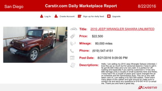 Title:
Price:
Mileage:
Phone:
Post Date:
Descriptions:
Carstir.com Daily Marketplace Report
Log In Create Account Sign up for daily feed Upgrade
San Diego 8/22/2016
2010 JEEP WRANGLER SAHARA UNLIMITED
$22,500
80,000 miles
(619) 547-4151
8/21/2016 9:09:00 PM
Hello, I am selling my 2010 Jeep Wrangler Sahara Unlimited. I
love this car so much but for personal reasons I have to sell it.
Its got 80,000 miles and runs very well. It is perfect for off-
roading and especially if you wanna customize it. It has very
little damage (only a couple of small scratches here and there).
I have had it for a couple of years and I have changed the oil
on schedule and the transmission fluid. This car is very well
taken care of. I am selling it for $22,500 dollars. There arent
many jeeps of this caliber and type around so make sure to
contact me and send any questions to 619-547-4151 or email
me. Thank you and have a great day.
 