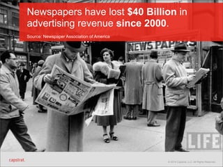 Newspapers have lost $40 Billion in 
advertising revenue since 2000. 
Source: Newspaper Association of America 
© 2014 Capstrat, LLC. All Rights Reserved. 
 