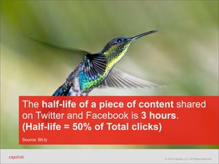 The half-life of a piece of content shared 
on Twitter and Facebook is 3 hours. 
(Half-life = 50% of Total clicks) 
Source: Bit.ly 
© 2014 Capstrat, LLC. All Rights Reserved. 
 
