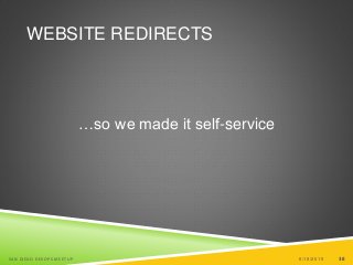 38
WEBSITE REDIRECTS
…so we made it self-service
6/19/2015SAN DIEGO DEVOPS MEETUP 38
 