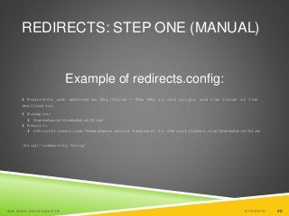 40
REDIRECTS: STEP ONE (MANUAL)
Example of redirects.config:
# Redirects are defined as Key|Value - The Key is the origin and the Value is the
destination
# Example:
# Somewhere|Somewhere/Else
# Result:
# 24hourfitness.com/Somewhere would redirect to 24hourfitness.com/Somewhere/Else
/blog|/community/blog/
6/19/2015SAN DIEGO DEVOPS MEETUP 40
 
