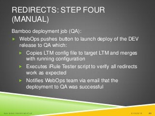 43
REDIRECTS: STEP FOUR
(MANUAL)
Bamboo deployment job (QA):
 WebOps pushes button to launch deploy of the DEV
release to QA which:
 Copies LTM config file to target LTM and merges
with running configuration
 Executes iRule Tester script to verify all redirects
work as expected
 Notifies WebOps team via email that the
deployment to QA was successful
6/19/2015SAN DIEGO DEVOPS MEETUP 43
 