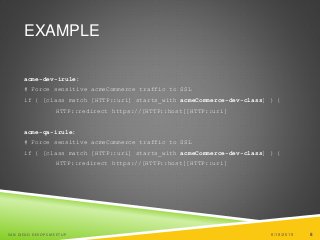 8
EXAMPLE
acme-dev-irule:
# Force sensitive acmeCommerce traffic to SSL
if { [class match [HTTP::uri] starts_with acmeCommerce-dev-class] } {
HTTP::redirect https://[HTTP::host][HTTP::uri]
acme-qa-irule:
# Force sensitive acmeCommerce traffic to SSL
if { [class match [HTTP::uri] starts_with acmeCommerce-dev-class] } {
HTTP::redirect https://[HTTP::host][HTTP::uri]
6/19/2015SAN DIEGO DEVOPS MEETUP 8
 